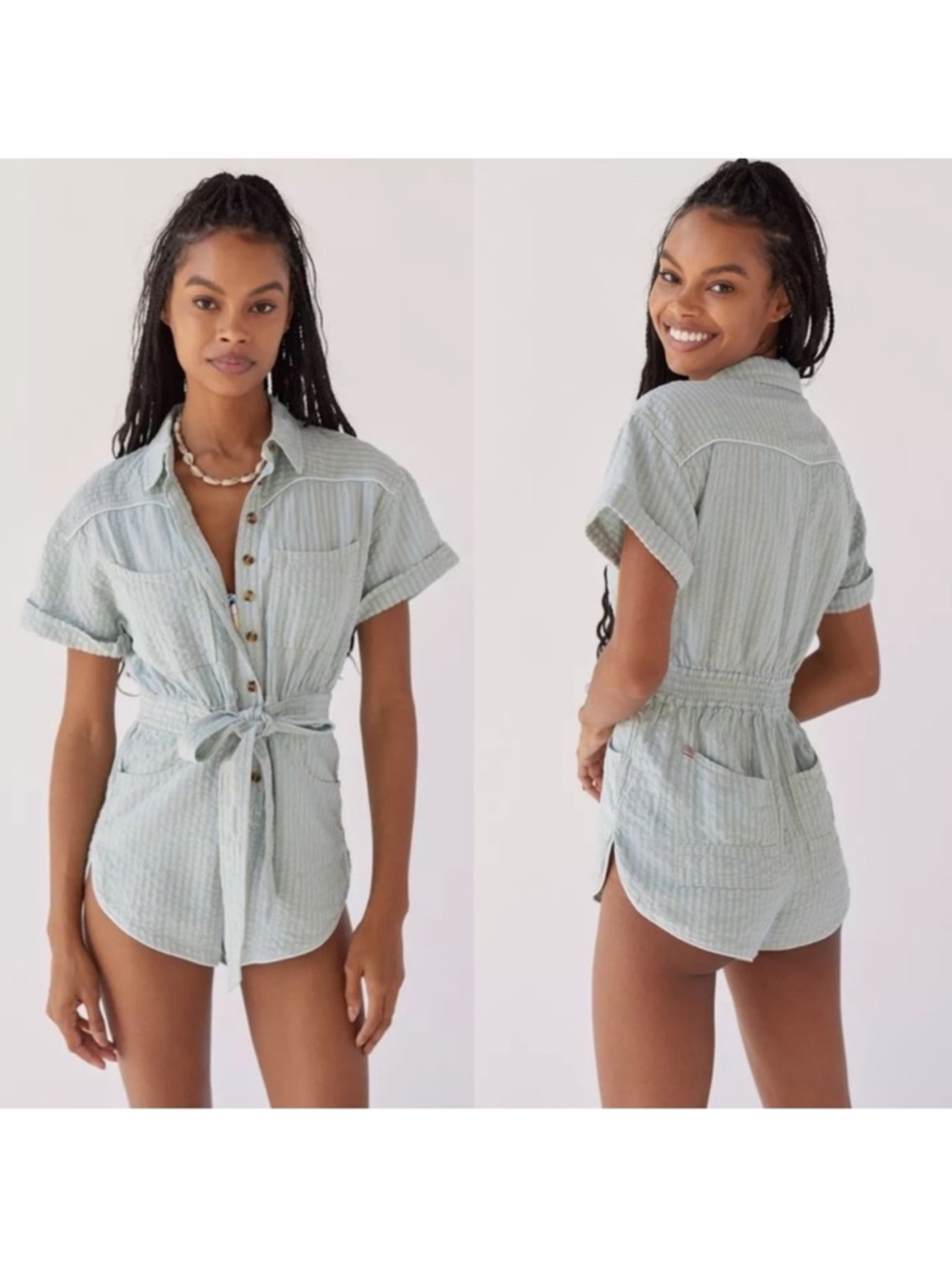 Urban Outfitters | BDG Devon Linen Tie Waist Romper New XS Light Blue Stripe